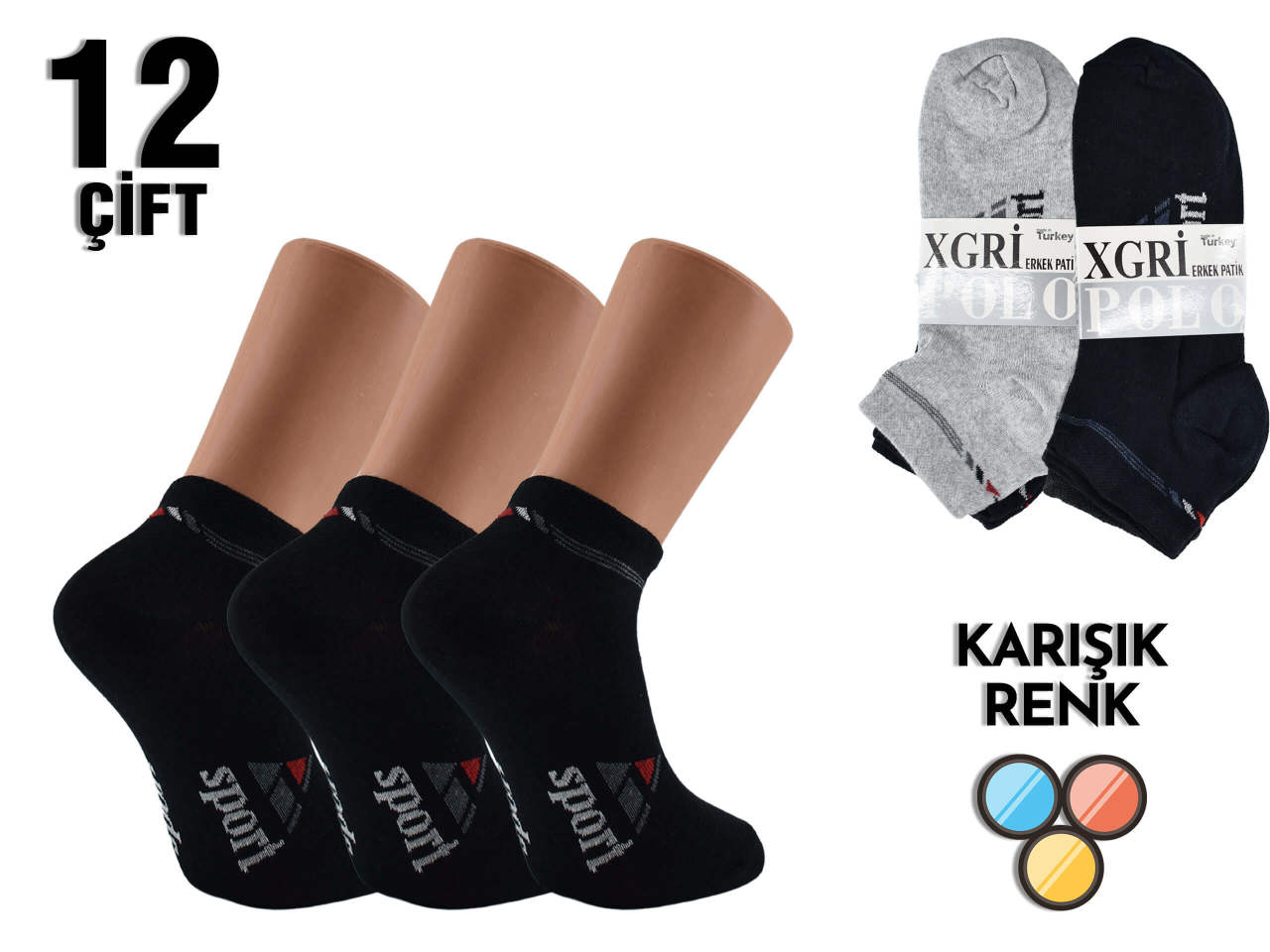 XGRİ POLO Penye Erkek Patik 12'li