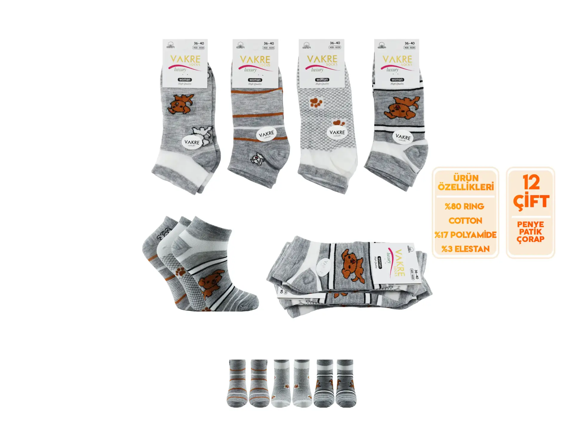 Vakre 9328-34 (36-40) Bayan Penye Patik Çorap 12'li