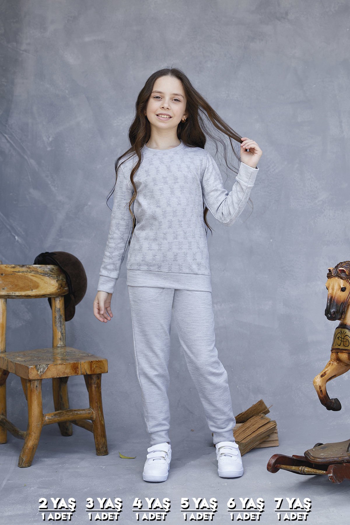 Elsima 3176 Kız Çocuk Uzun Kollu Pijama Takımı 6'lı (2-3-4-5-6-7 Yaş) GRİ - SERİ-6-LI