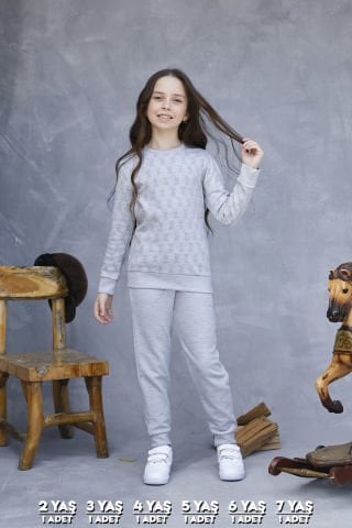 Elsima 3176 Kız Çocuk Uzun Kollu Pijama Takımı 6'lı (2-3-4-5-6-7 Yaş) GRİ - SERİ-6-LI