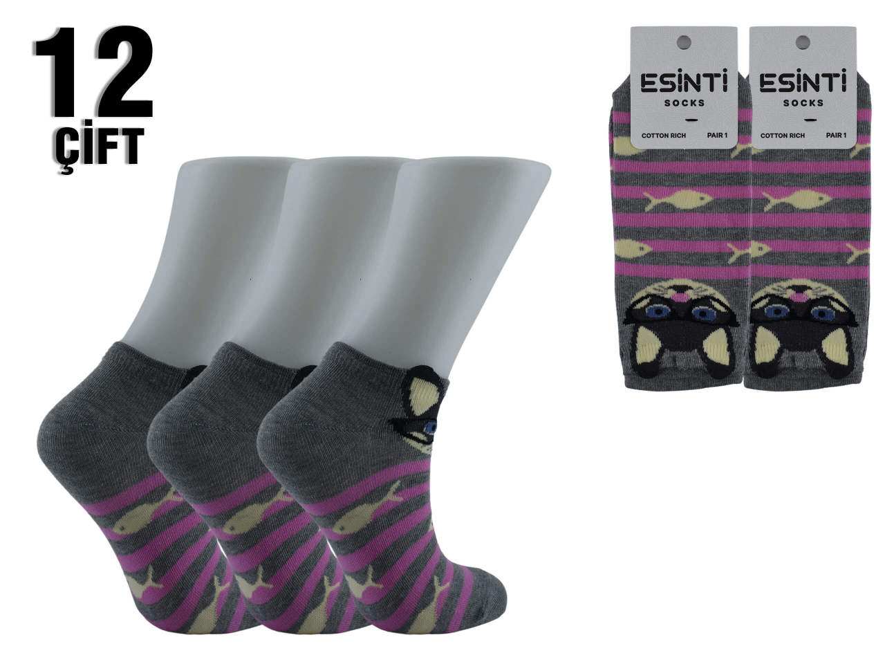 Esinti Pembe Çizgili Kedili 3 Boyutlu Bayan Patik 12'li