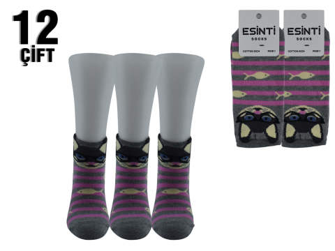 Esinti Pembe Çizgili Kedili 3 Boyutlu Bayan Patik 12'li