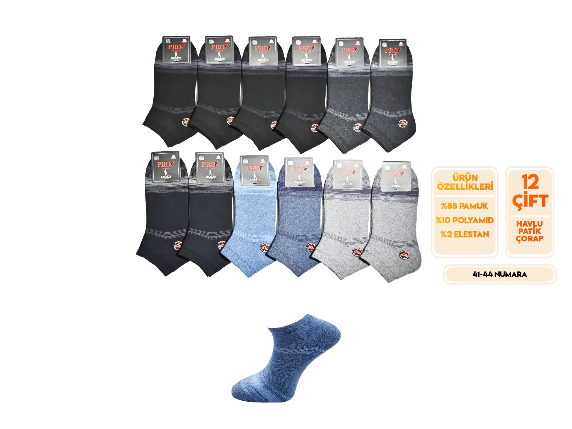 Pro 14028 (41-44) Dikişsiz Termo Havlu Erkek Patik 12'li