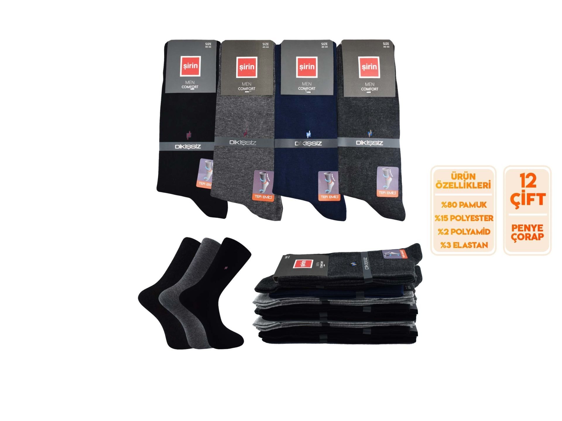 Şirin 7280-01 Ter Emici Dikişsiz Erkek Soket Çorap 12'li