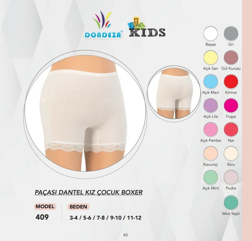 Dondeza 409 Sur dantel Kız Çocuk Boxer 12'li KARISIKRENK - 9-10 YAŞ