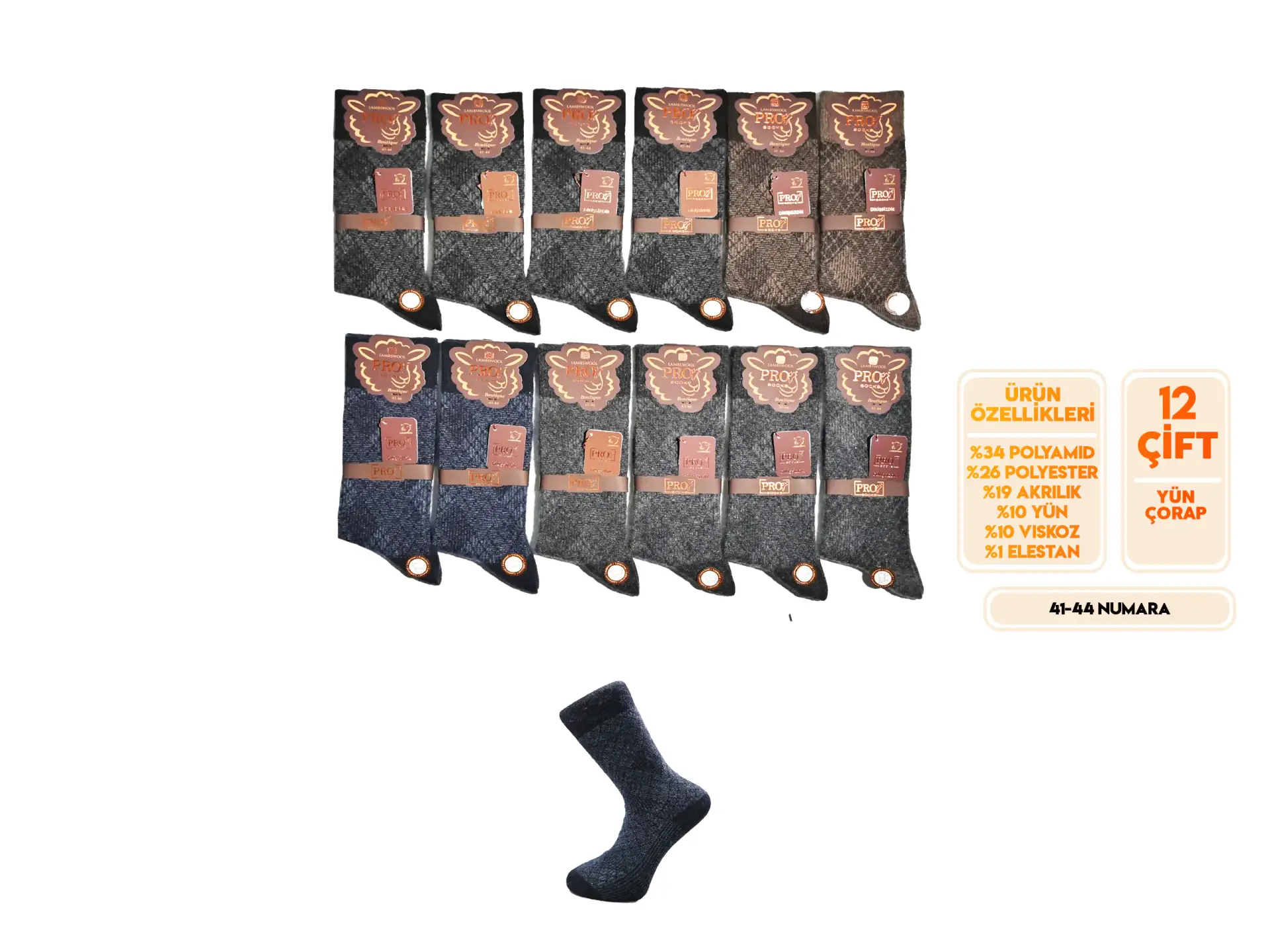 Pro 13644 (41-44) Dikişsiz Lambswool Erkek Çorap 12'li