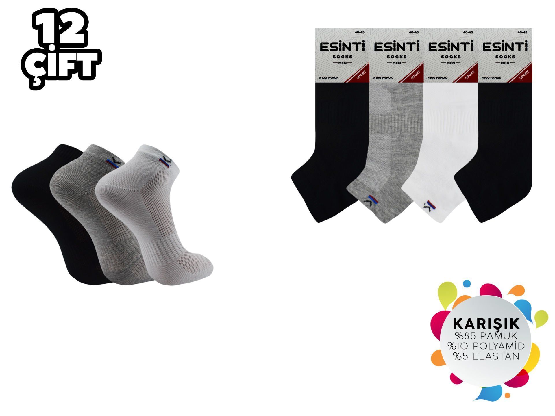 Esinti 19-5 %100 Pamuk Erkek Penye Patik 12'li