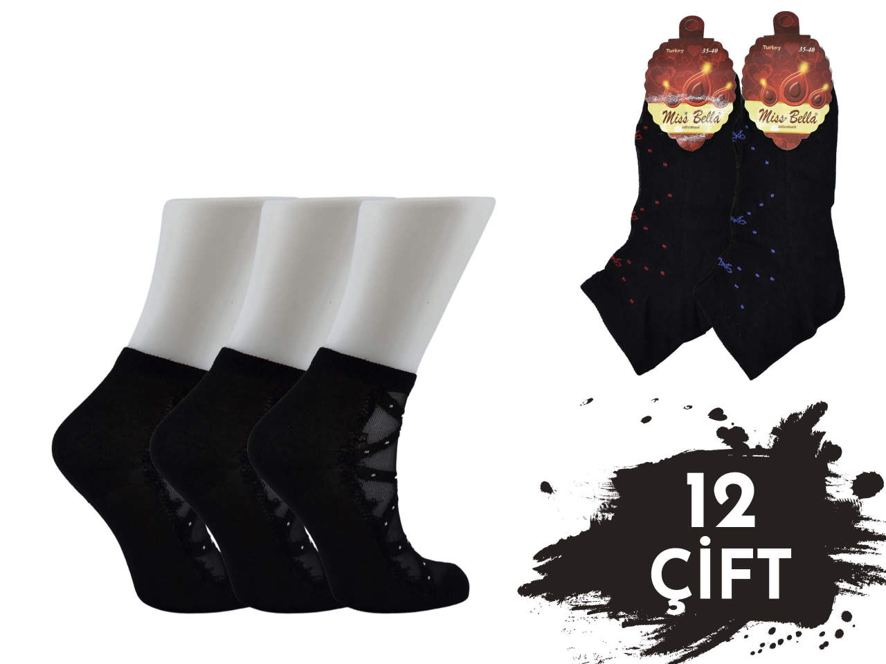 Miss Bella Renkli Kabartma Desen Bayan Tül Patik 12'li
