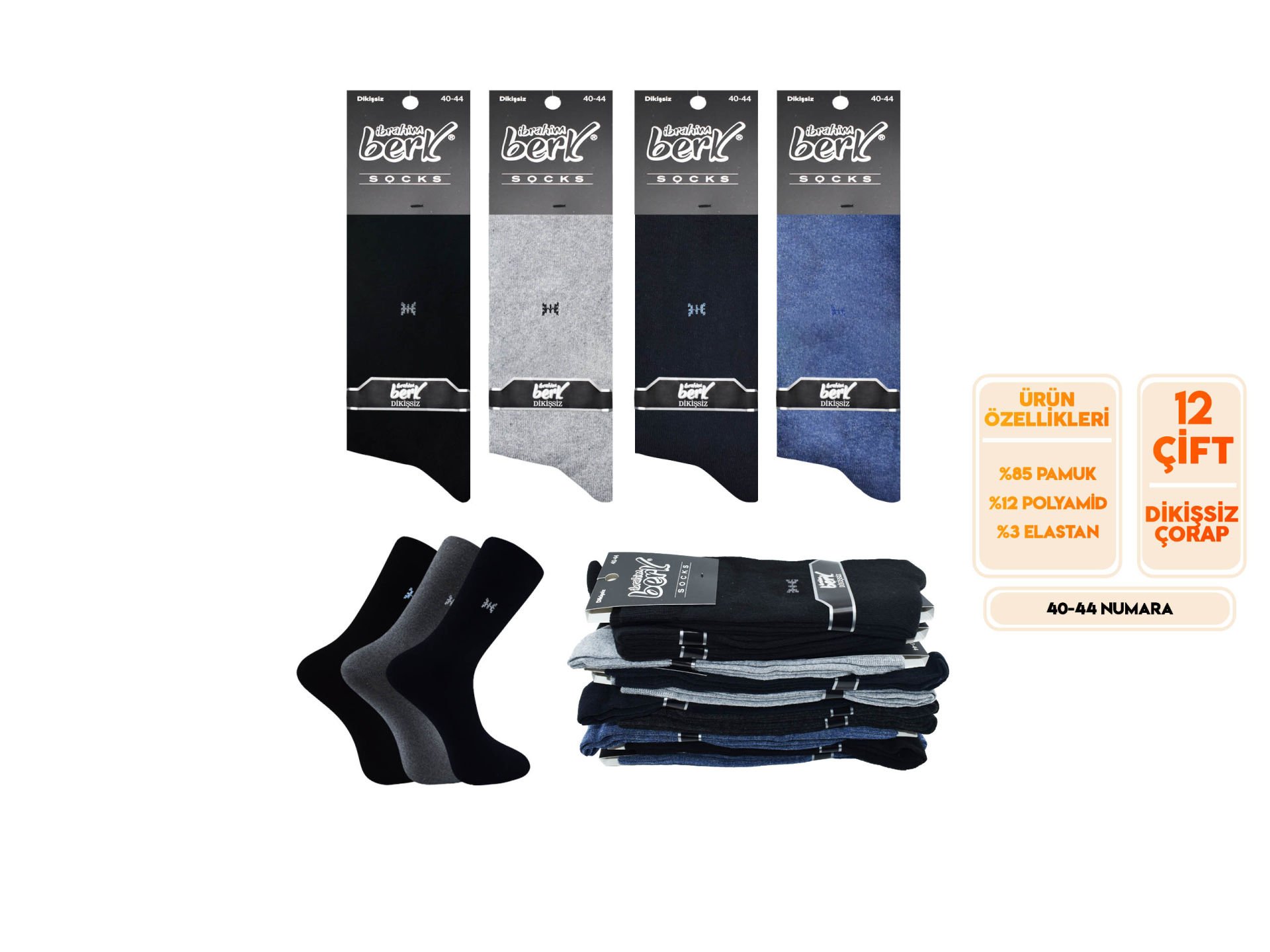İbrahim Berk 23-4 Erkek Özel Dikişsiz Çorap 12'li