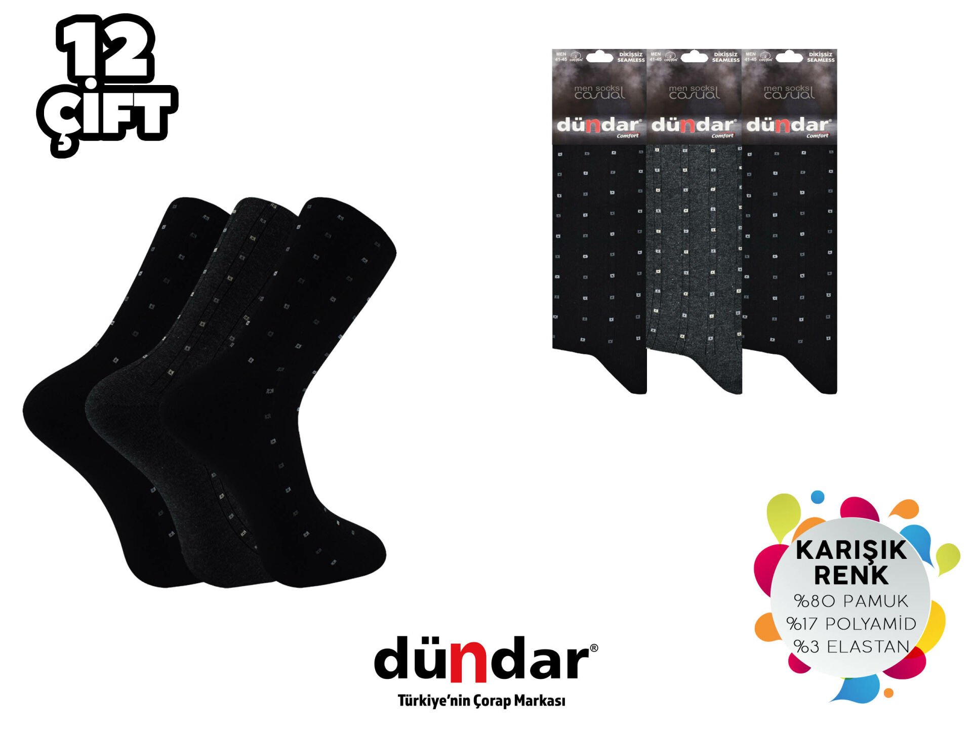 Dündar 003-5 Dikişsiz Erkek Likralı Penye Çorap 12'li