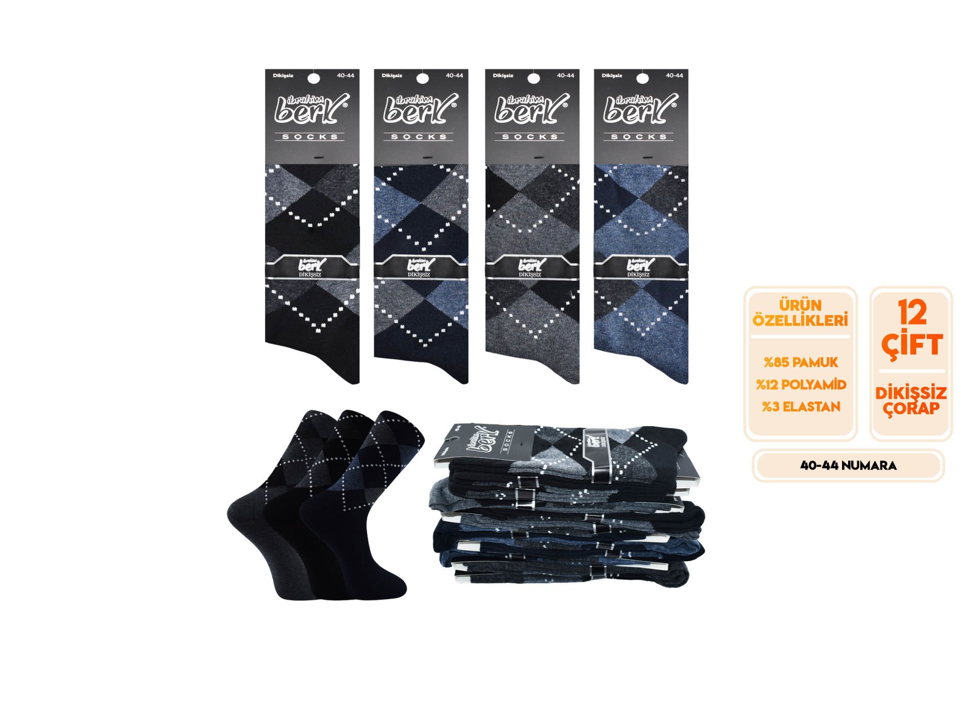 İbrahim Berk 23-9 Erkek Özel Dikişsiz Çorap 12'li
