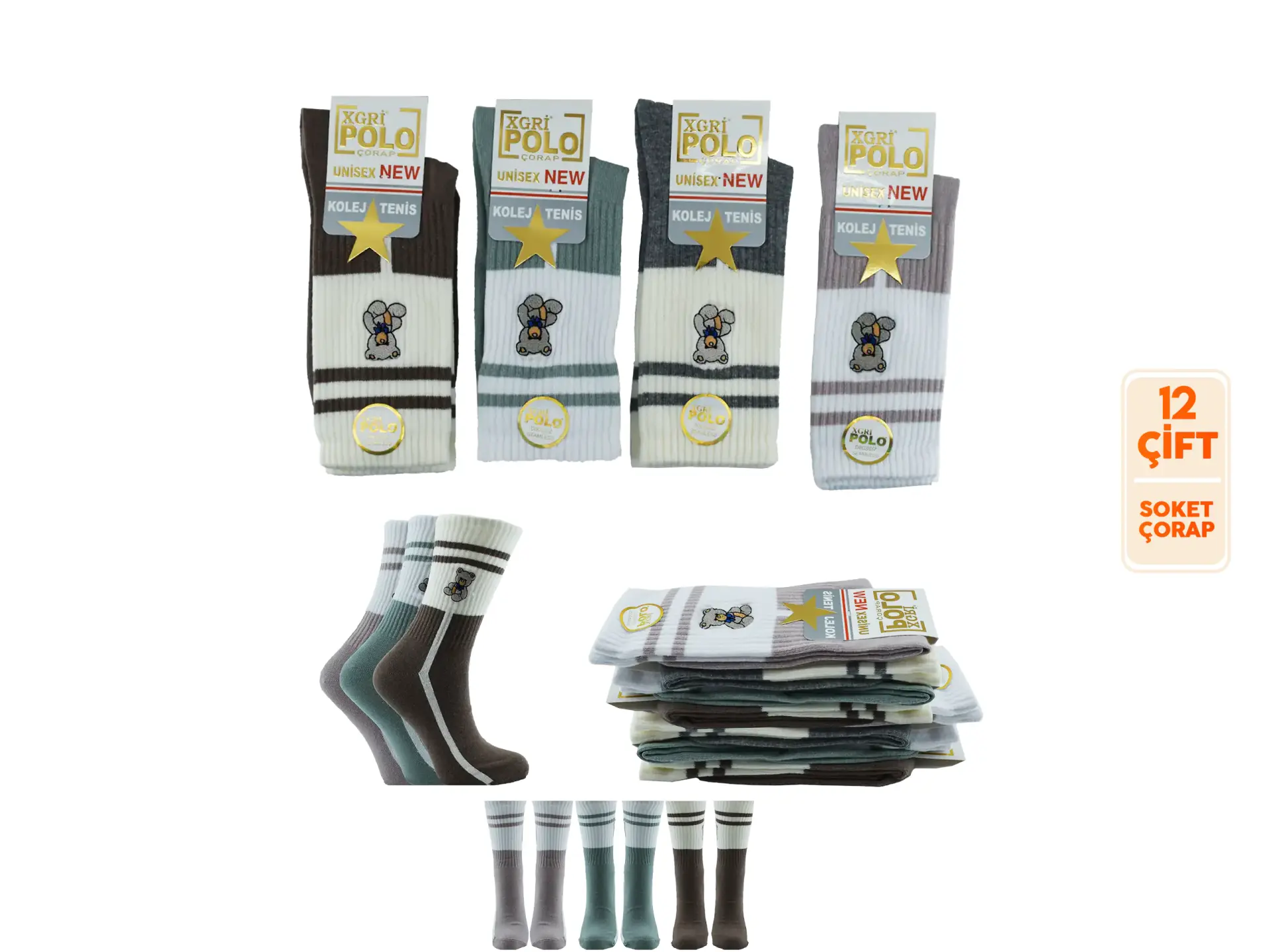 XGRİ POLO B-101 (36-40) Yıkamalı Kokulu Nakışlı Bayan Soket Çorap 12'li