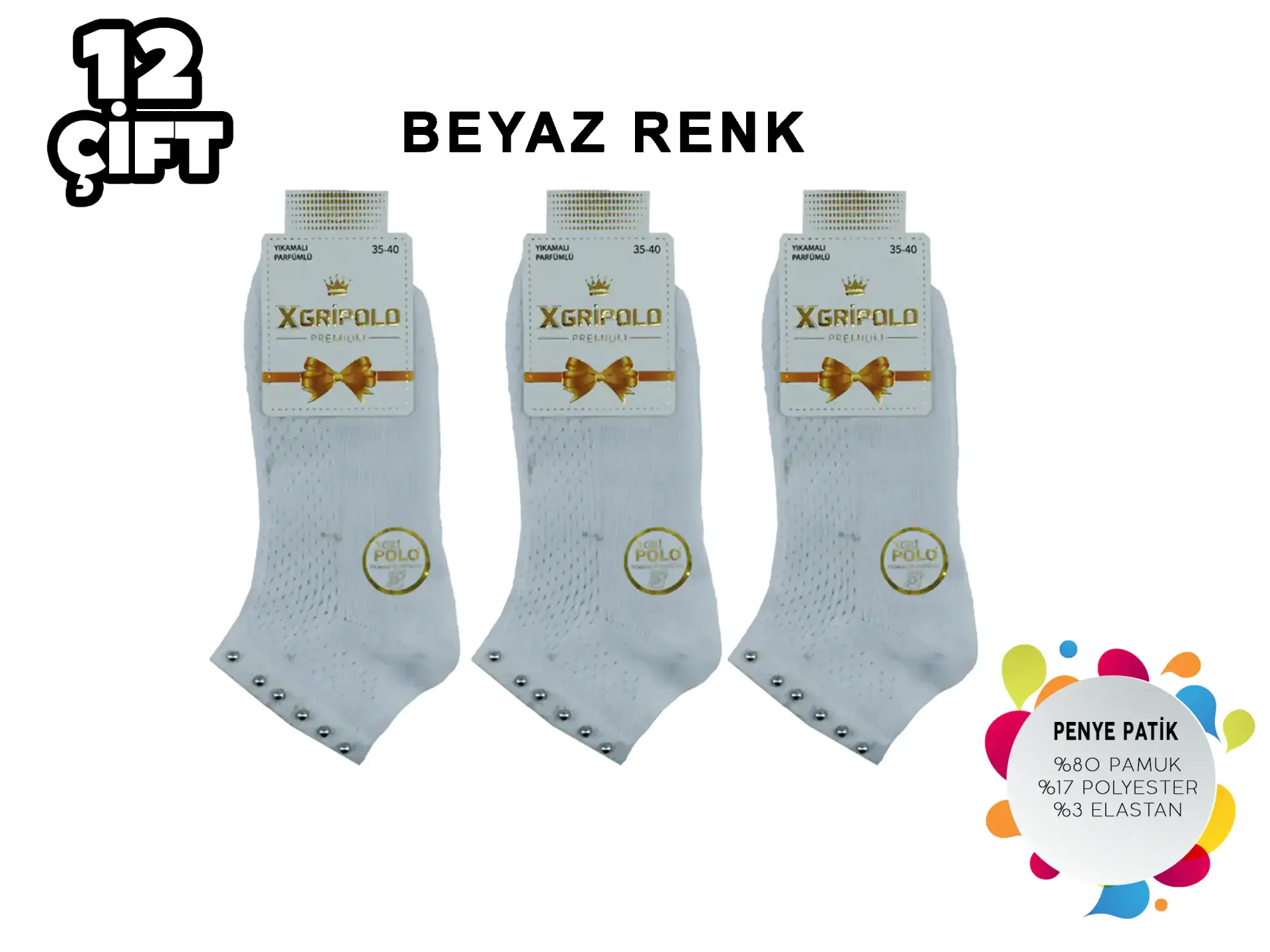 XGRİ POLO B-35 (35-40) İncili Bayan Penye Patik Çorap 12'li