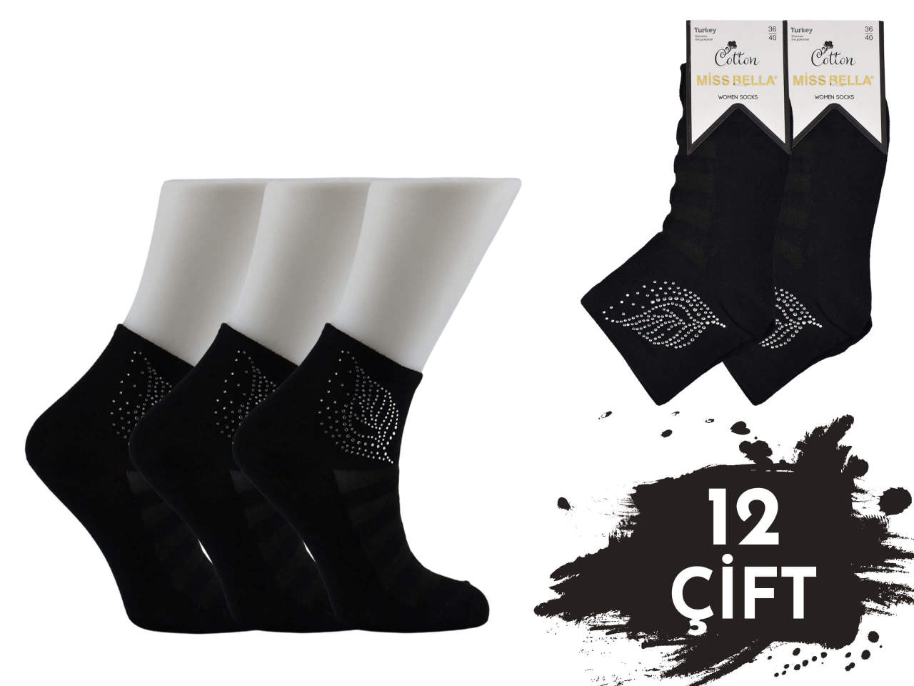 Miss Bella Taş Baskılı Bayan Tül Patik 12'li