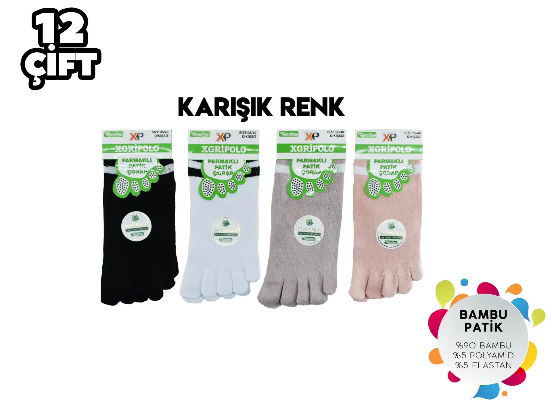 XGRİ POLO B-22 (35-40) Dikişsiz Bayan Bambu Parmak Çorap 12'li