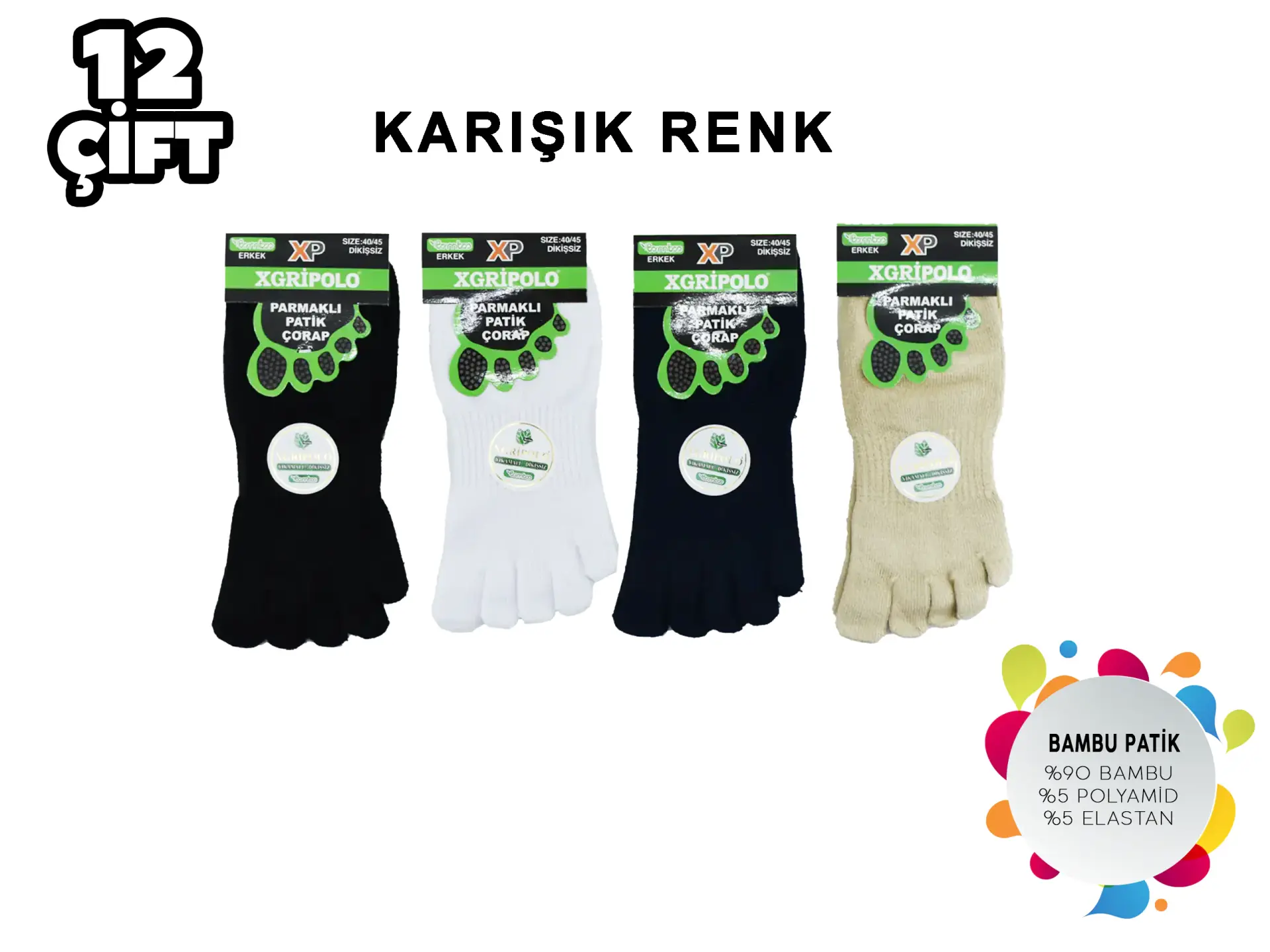 XGRİ POLO E-31 (40-44) Dikişsiz Erkek Bambu Parmak Çorap 12'li
