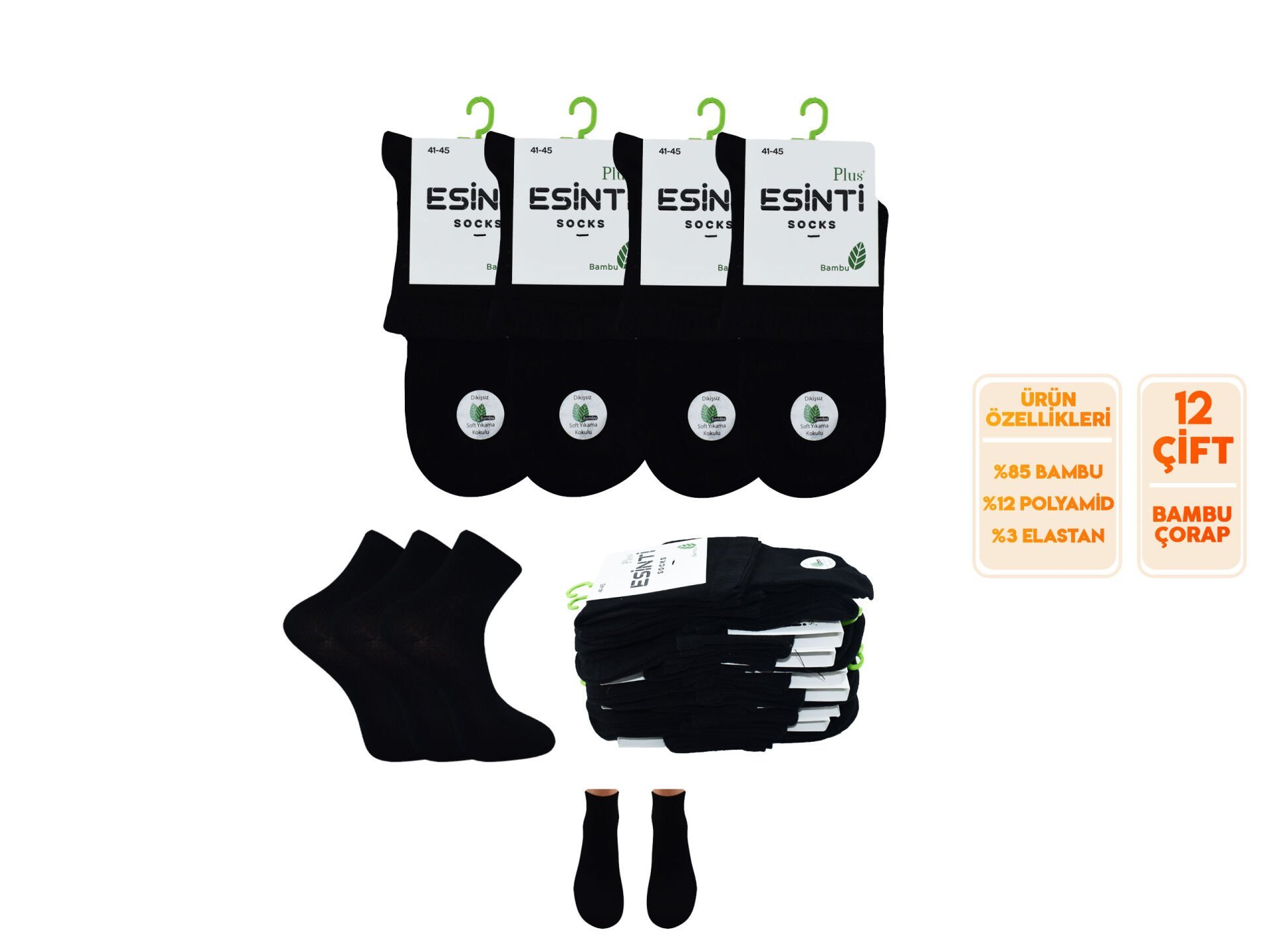 Esinti 31-Siyah Dikişsiz Yarım Konç Erkek Bambu Patik 12'li