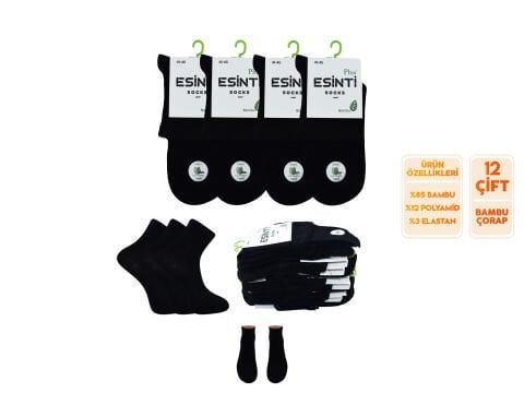 Esinti 31-Siyah Dikişsiz Yarım Konç Erkek Bambu Patik 12'li