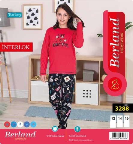 Berland 3288  Kız Çocuk Garson Boy Uzun Kollu İnterlok Pijama Takımı