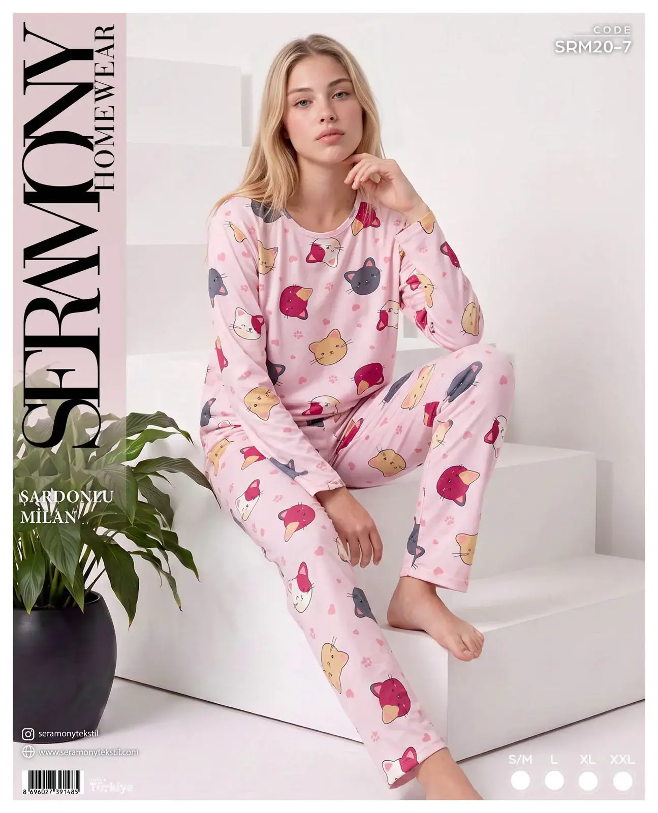 Seramony 20-7 (S-M-L-XL-XXL) Şardonlu Milan Uzun Kollu Bayan Pijama Takım 4'lü