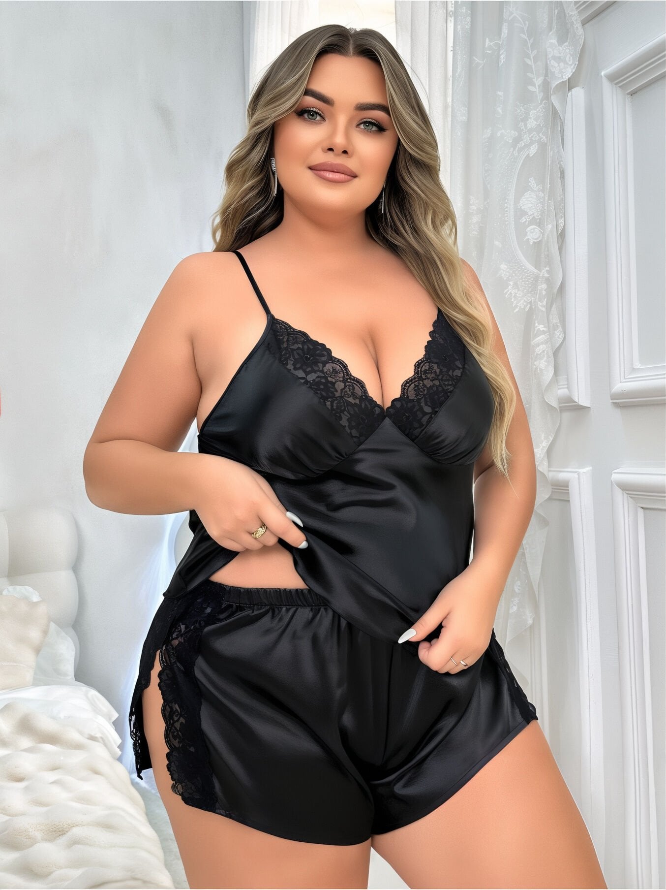 Visatin 10002 Büyük Beden Saten Bayan Şortlu Takım