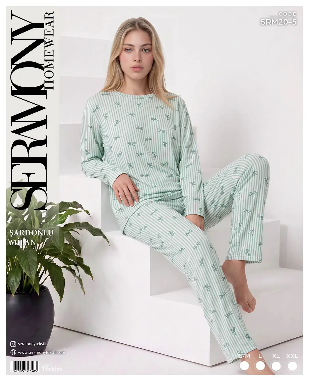 Seramony 20-5 (S-M-L-XL-XXL) Şardonlu Milan Uzun Kollu Bayan Pijama Takım 4'lü