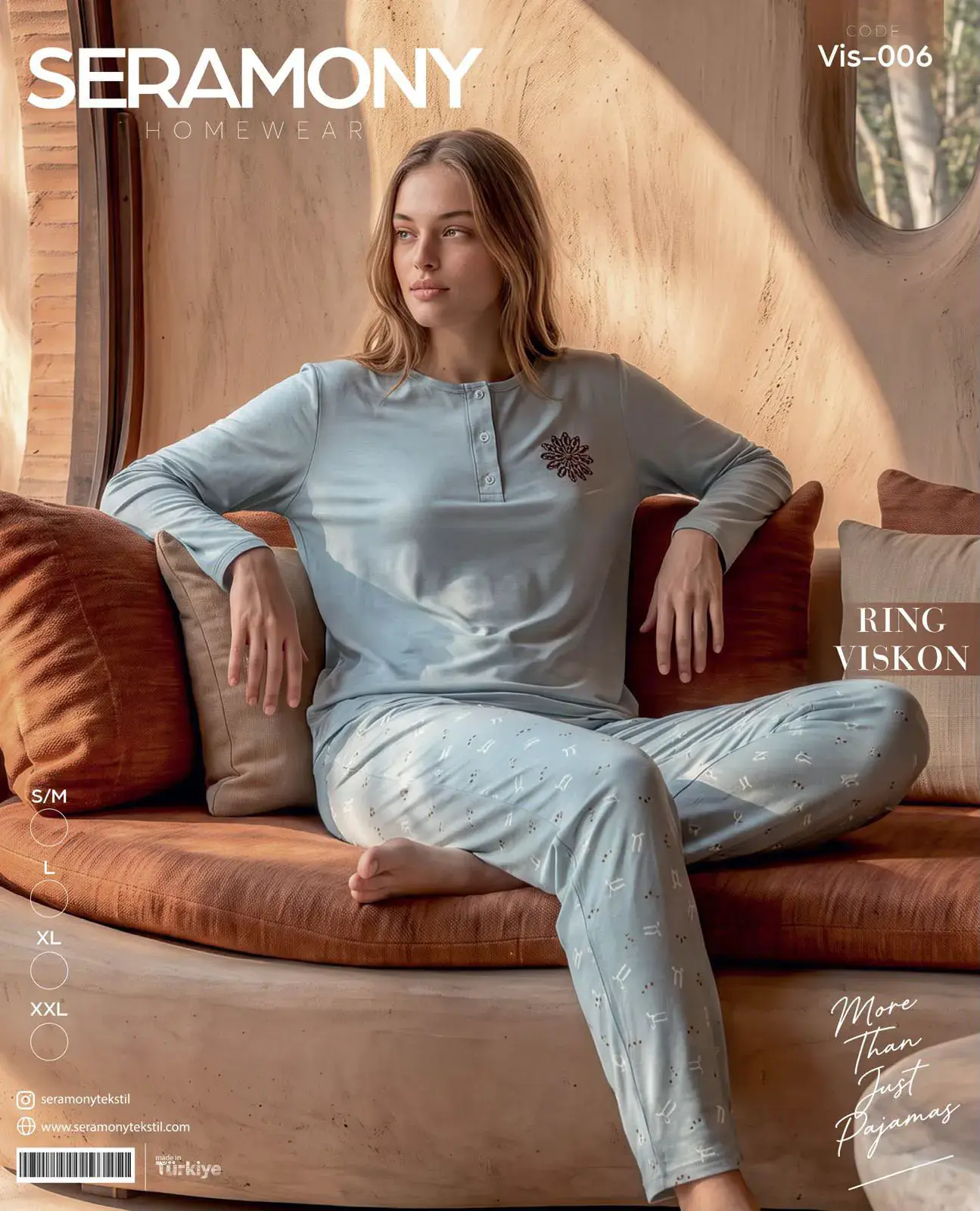 Seramony 006 (S-M-L-XL-XXL) Ring Viskon Üç Düğmeli Uzun Kollu Bayan Pijama Takım 4'lü