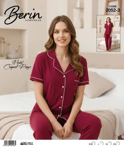 Berin 2052-3 (M-L-XL-XXL) Bayan Kısa Kollu Modal Kompak Penye Pijama Takımı 6'lı
