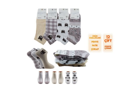 Esinti 30-38 Naturel Pamuk Dikişsiz Bayan Patik 12'li 36-40 NO - KARISIKRENK