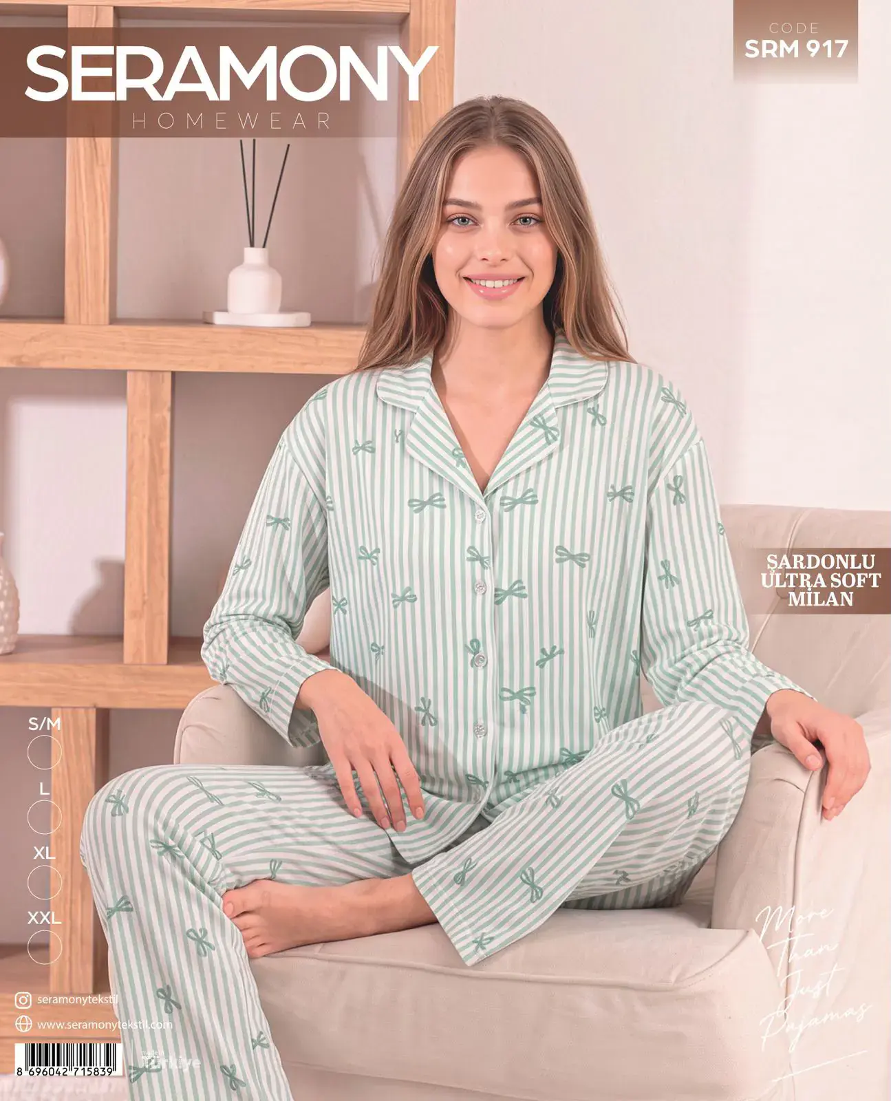 Seramony 917 (S-M-L-XL-XXL) Şardonlu Milan Uzun Kollu Boydan Düğmeli Bayan Pijama Takım 4'lü