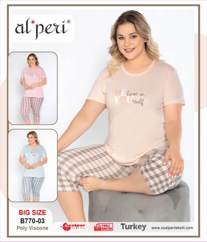 Alperi B770-03 (3XL-4XL-5XL-6XL) Bayan Kısa Kollu Kapri Pijama Takım 4'lü