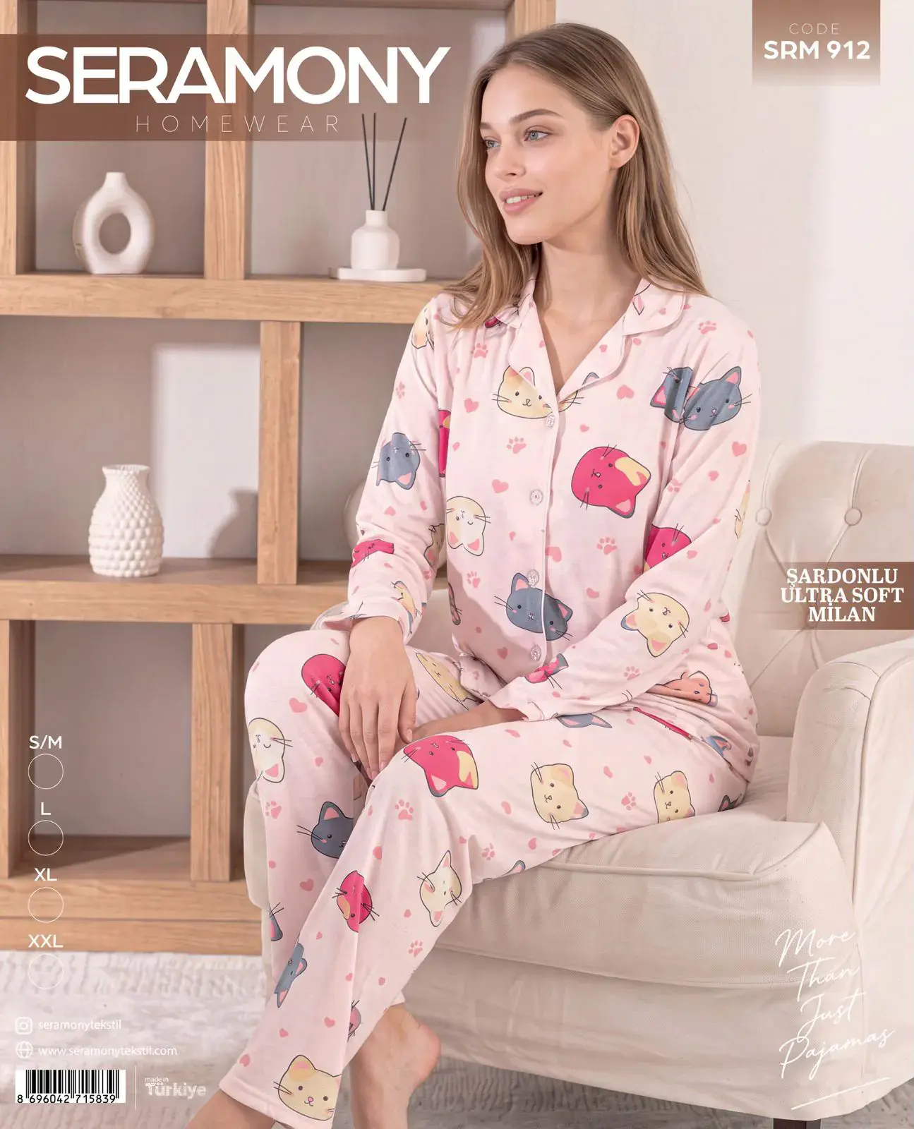 Seramony 912 (S-M-L-XL-XXL) Şardonlu Milan Uzun Kollu Boydan Düğmeli Bayan Pijama Takım 4'lü
