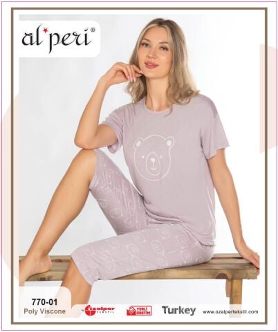 Alperi 770-01 (M-L-XL-XXL) Bayan Kısa Kollu Kapri Pijama Takım 4'lü