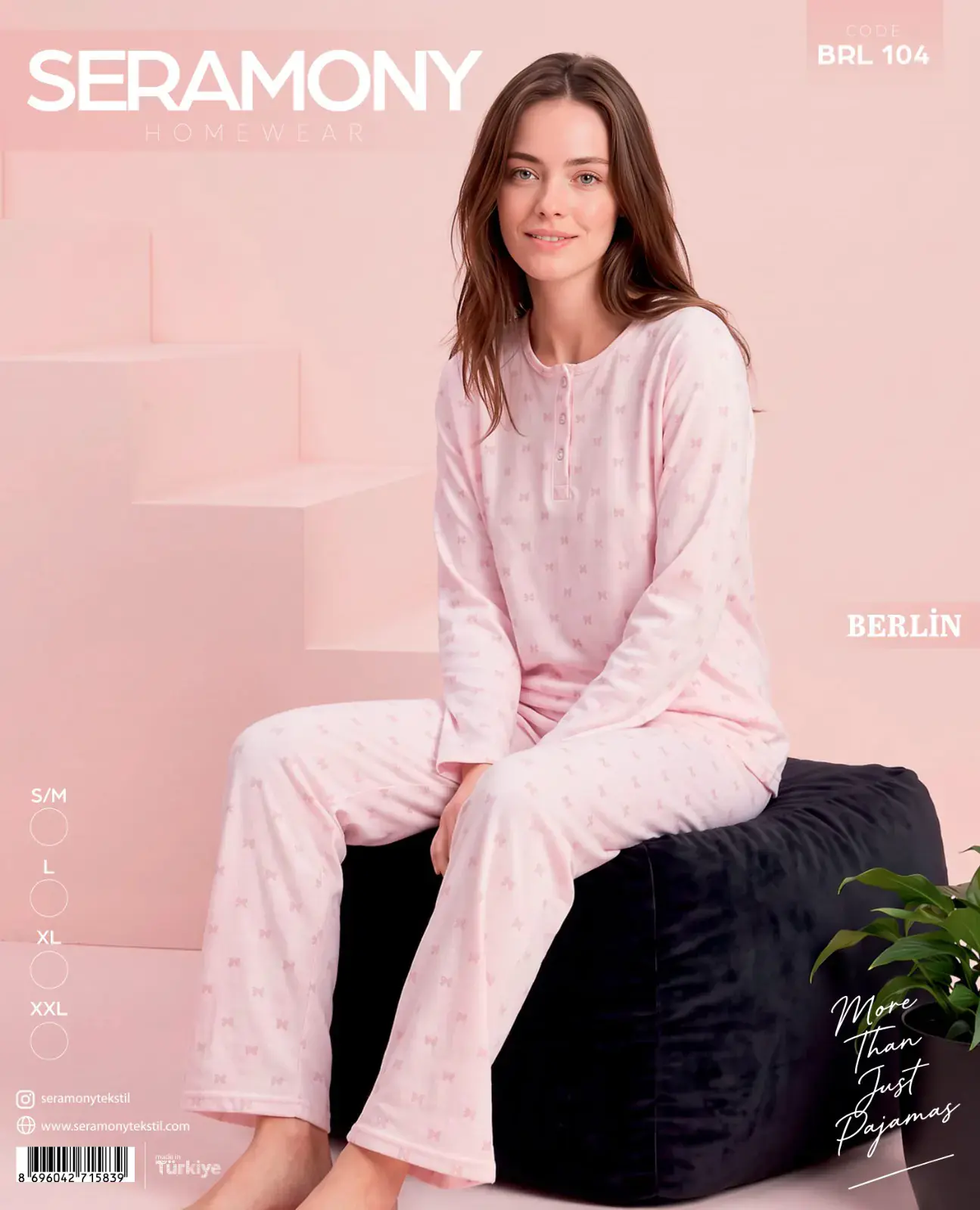 Seramony 104 (S-M-L-XL-XXL) Berlin Üç Düğmeli Bayan Uzun Kollu Pijama Takım 4'lü