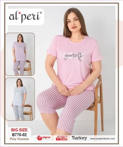 Alperi B770-02 (3XL-4XL-5XL-6XL) Bayan Kısa Kollu Kapri Pijama Takım 4'lü