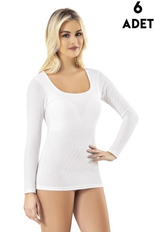 Kota 6655 Kare Yaka Uzun Kol Modal Kaşkorse Pedli T-shirt 6'lı BEYAZ - L