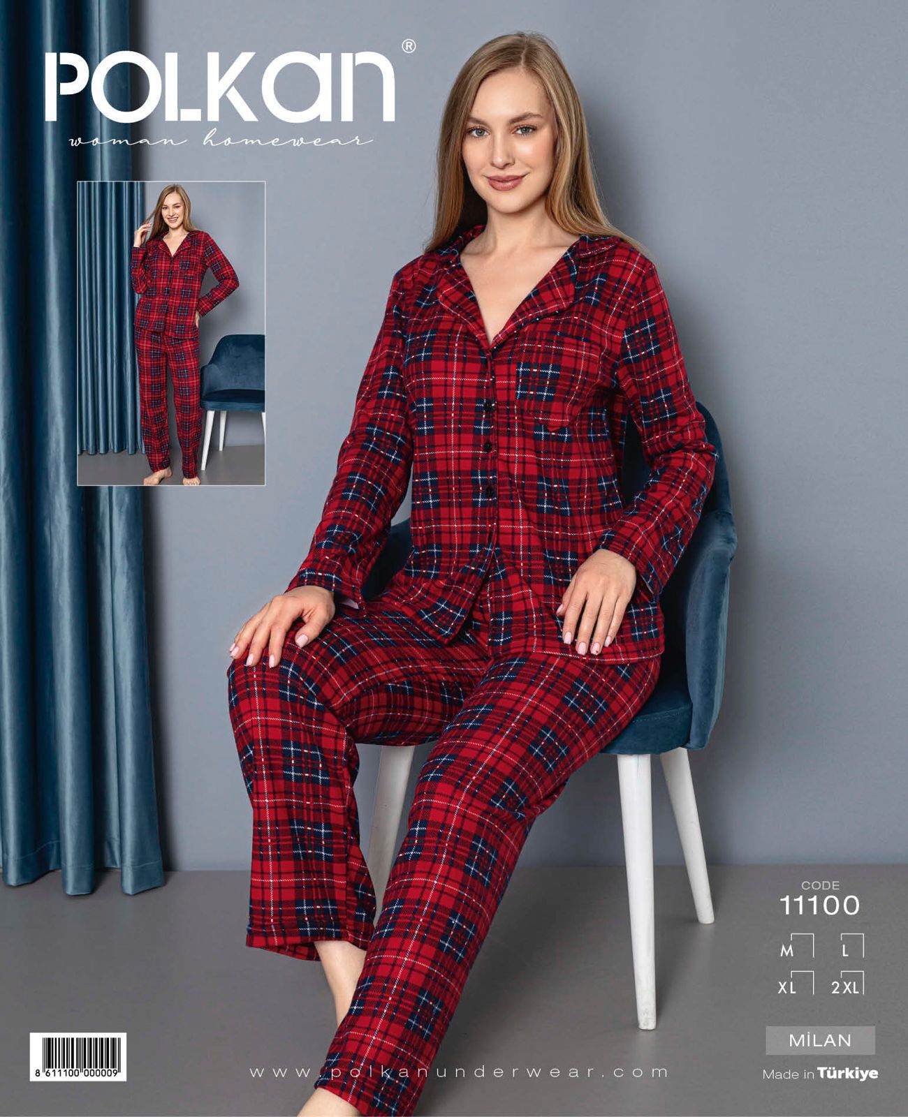 Polkan 11100 (M-L-XL-XXL) Bayan Uzun Kollu Milan Pijama Takım 4'lü