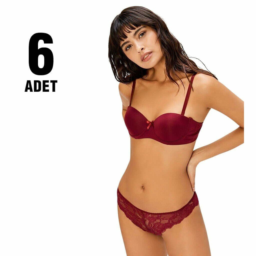 Cansoy 191 Bordo Balenli Destekli Straples Bayan Sütyen Takım 6'lı