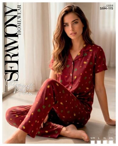 Seramony 115 (S-M-L-XL-XXL) Soft Milan Kısa Kollu Düğmeli Bayan Pijama Takım 4'lü