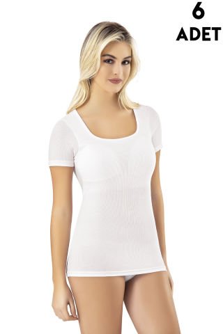Kota 6654 Kare Yaka Yarım Kol Modal Kaşkorse Pedli T-shirt 6'lı BEYAZ - M