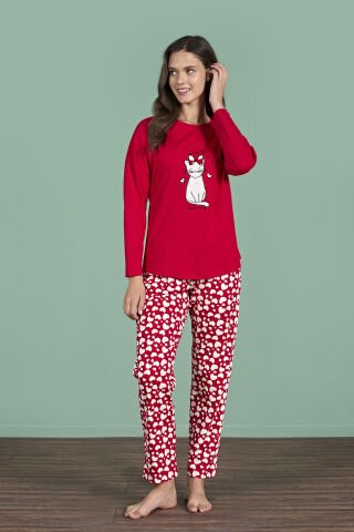 Pijadore 1927 (M-L-XL-XXL) Uzun Kollu Bayan Pijama Takım 4'lü KIRMIZI - M-L-XL-XXL