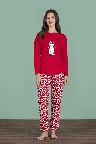 Pijadore 1927 (M-L-XL-XXL) Uzun Kollu Bayan Pijama Takım 4'lü KIRMIZI - M-L-XL-XXL