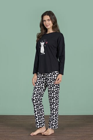 Pijadore 1927 (M-L-XL-XXL) Uzun Kollu Bayan Pijama Takım 4'lü SİYAH - M-L-XL-XXL