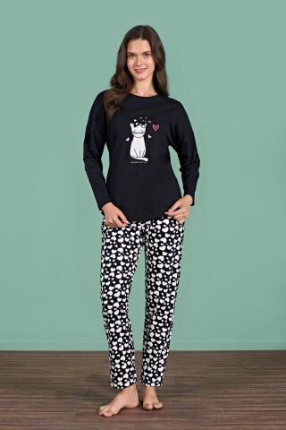 Pijadore 1927 (M-L-XL-XXL) Uzun Kollu Bayan Pijama Takım 4'lü SİYAH - M-L-XL-XXL