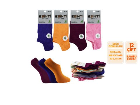 Esinti 26-Karışık Dikişsiz Bayan Bambu Sneakers 12'li