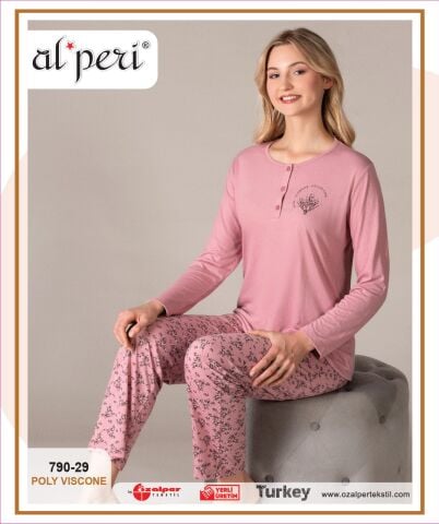 Alperi 790-29 (M-L-XL-XXL) Bayan Uzun Kollu Pijama Takım 4'lü