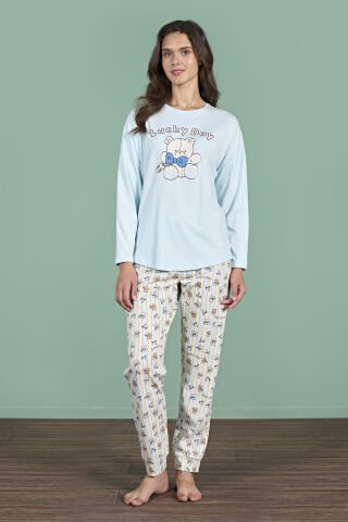 Pijadore 1947 (M-L-XL-XXL) Uzun Kollu Bayan Pijama Takım 4'lü MAVİ - M-L-XL-XXL