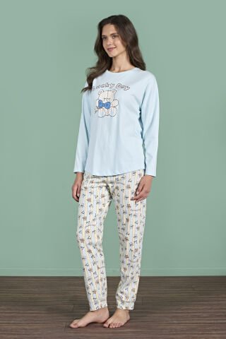 Pijadore 1947 (M-L-XL-XXL) Uzun Kollu Bayan Pijama Takım 4'lü MAVİ - M-L-XL-XXL
