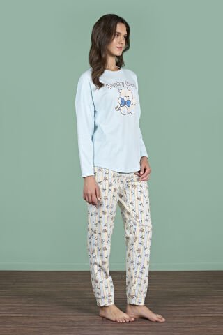 Pijadore 1947 (M-L-XL-XXL) Uzun Kollu Bayan Pijama Takım 4'lü MAVİ - M-L-XL-XXL