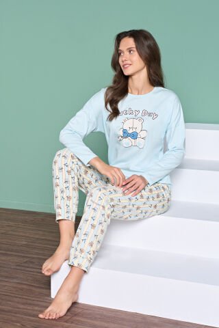 Pijadore 1947 (M-L-XL-XXL) Uzun Kollu Bayan Pijama Takım 4'lü MAVİ - M-L-XL-XXL